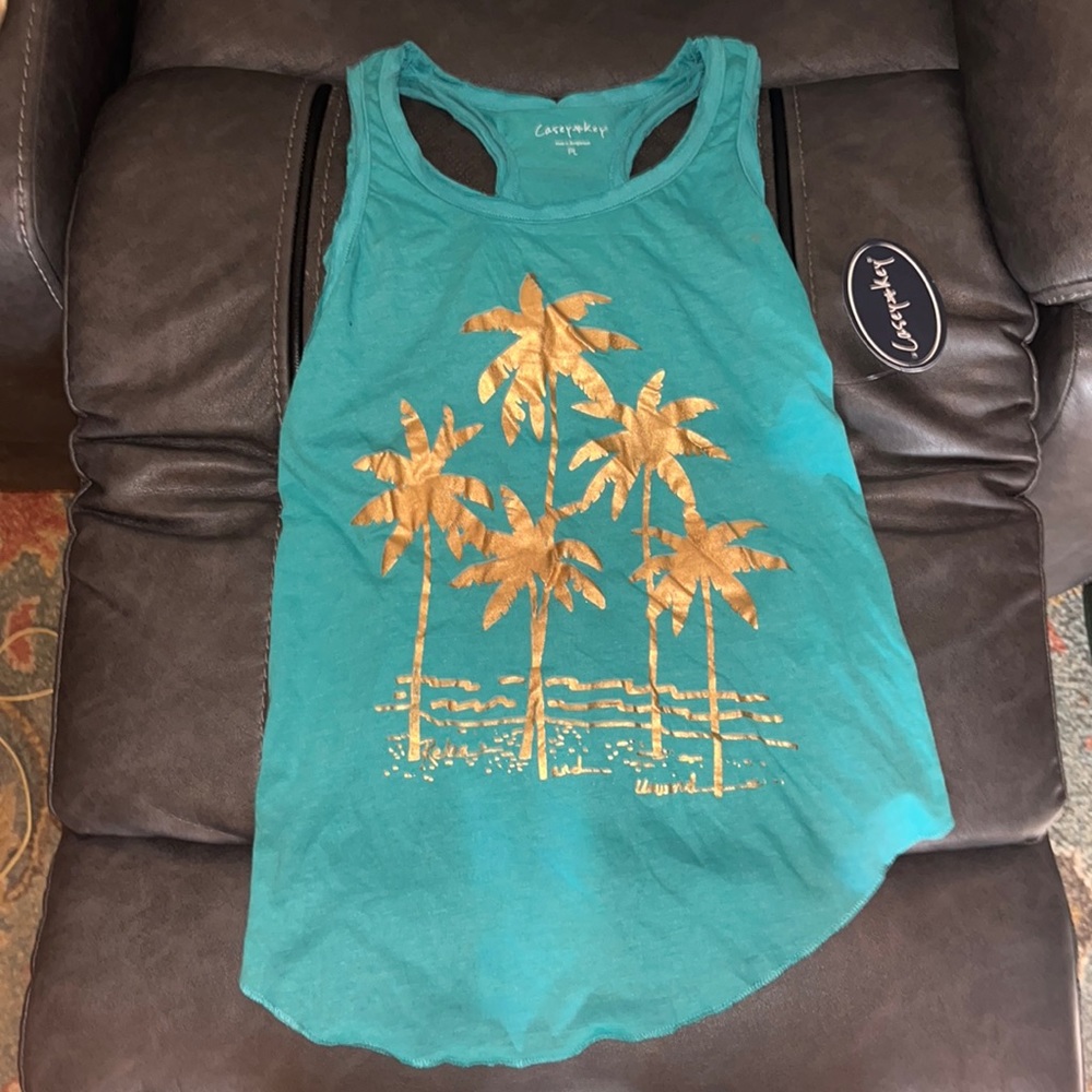 Casey Key Turquoise Gold Palm Tree Racer Back Tank Top (Size PL)